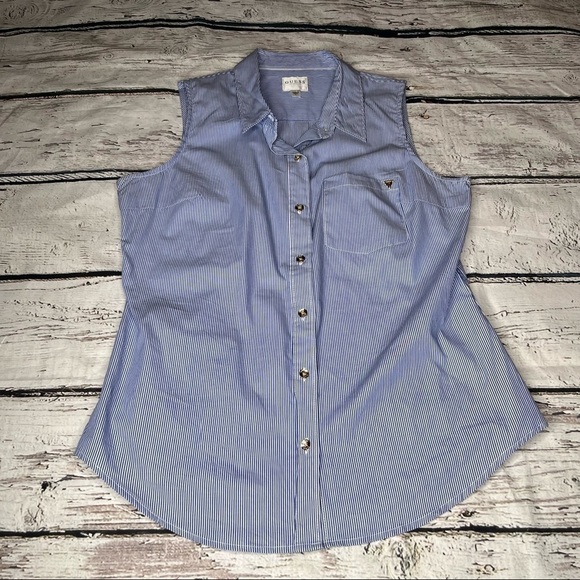 Guess Blue/White Striped Button Down Sleeveless Top Size L - Picture 1 of 9